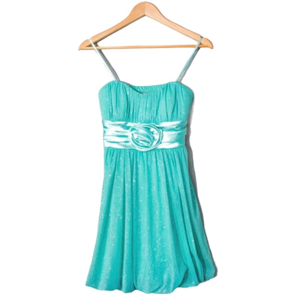 Turquoise Sparkly Rose Short Prom Dress Junior